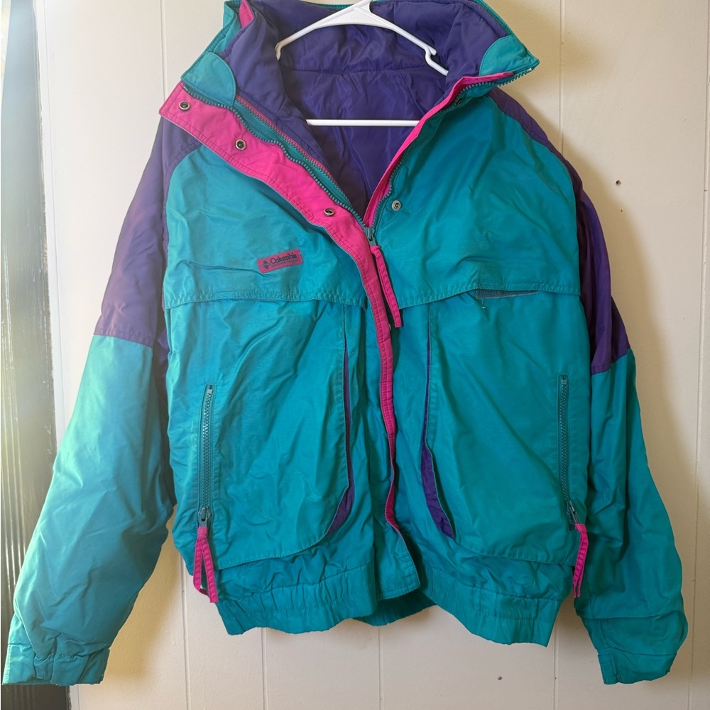 Vintage 90s Columbia Colorblock Puffer Jacket Teal Pink Purple XL